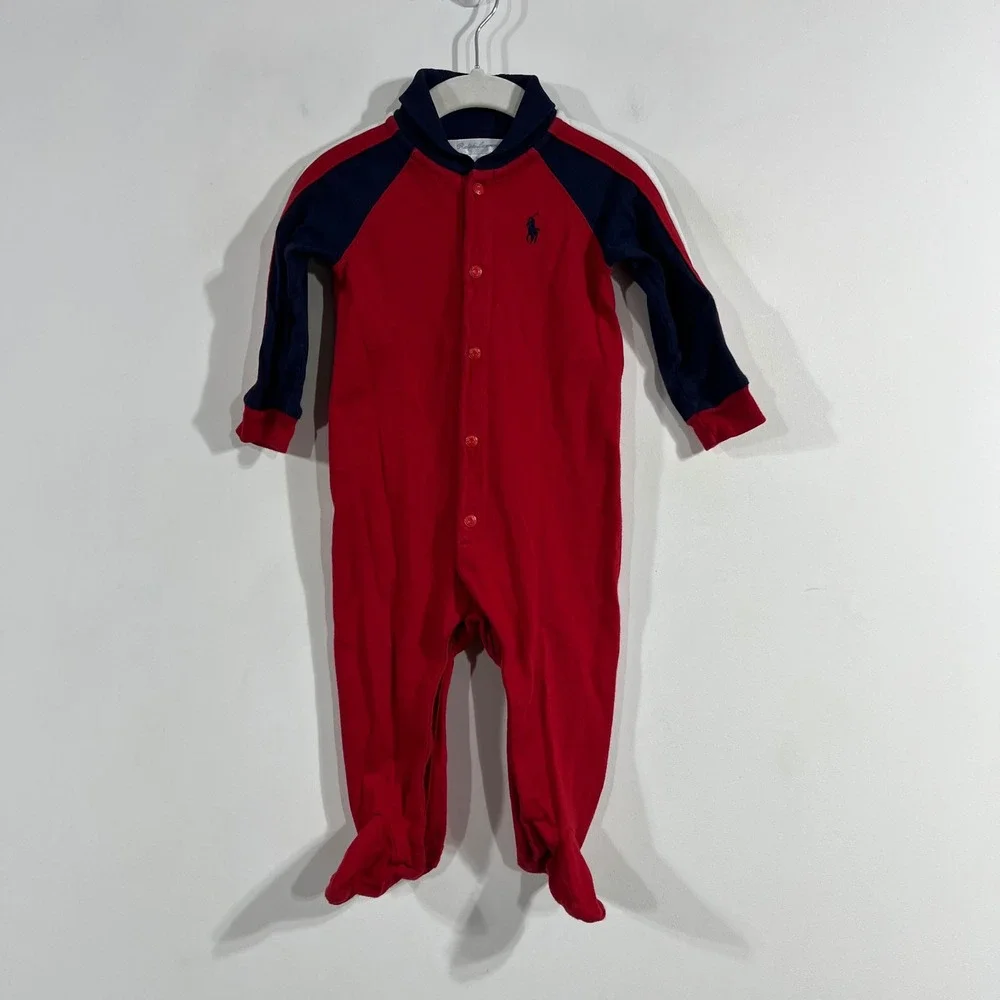 Ralph Lauren Baby Boys Red Navy Blue Colorblock Footed Sleeper Romper 9M Cotton